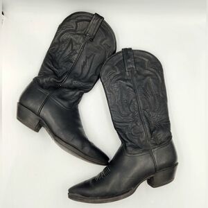 Tony Lama Point Toe Pull On Leather Cowboy Boots Black Western Womens 7.5 Knee